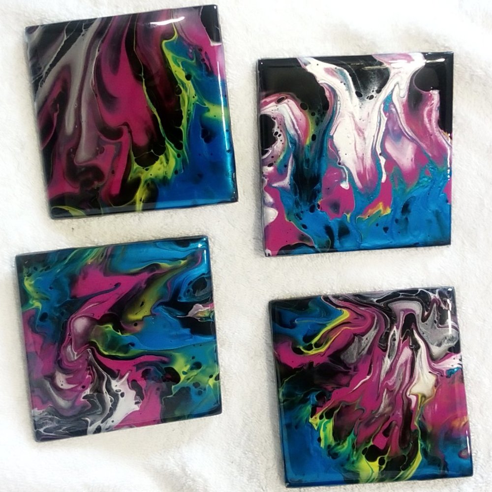 Hand Crafted Painted Tile Coasters Metallic Acrylic Fluid Art Painting Home